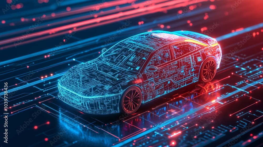 Aufkleber futuristic car with digital circuits symbolizes sensor tech in autonomous vehicles.