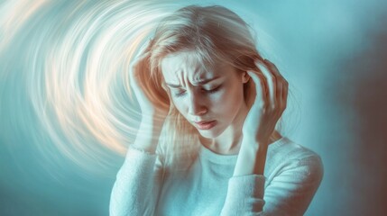 Dizzy woman standing unsteady, holding her head, experiencing vertigo symptoms in a softly lit room, trying to regain balance