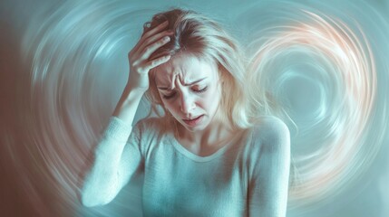 Dizzy woman standing unsteady, holding her head, experiencing vertigo symptoms in a softly lit room, trying to regain balance