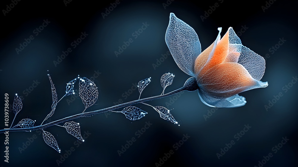 Fototapete Mesmerizing image of glowing mesh vines spiraling and intertwining around a beautifully blooming rose set against a dark moody background creating a captivating ethereal and romantic visual