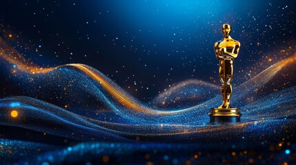 Blue award background with golden lines and abstract shape of the cinema awards statue for sunset light, elegant presentation design background