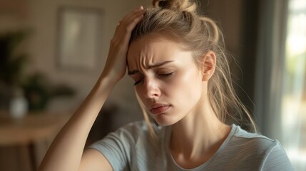 Fototapeta premium Female experiencing dizziness, standing in a softly lit room, holding her head with one hand and reaching for support with the other