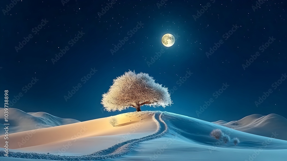 Aufkleber mesmerizing minimalist snowy hill illuminated by enchanting moonlight and distant auroras in the nig