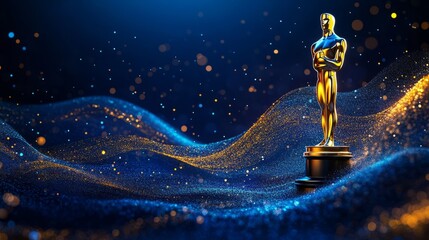 Blue award background with golden lines and abstract shape of the cinema awards statue for sunset light, elegant presentation design background