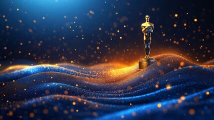 Blue award background with golden lines and abstract shape of the cinema awards statue for sunset light, elegant presentation design background