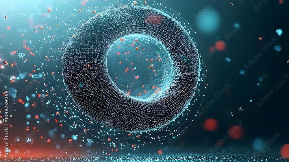 Poster mesmerizing neon hued glowing mesh vortex with swirling particles abstract digital artwork depicting