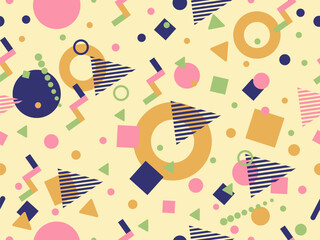 Geometric seamless pattern with memphis elements in 80s style. Colorful geometric pattern. Design of promotional products, wrapping paper and printing. Vector illustration