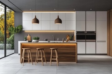 Functional minimalist kitchen with open space, featuring wooden stools and simple cabinetry, designed for modern living