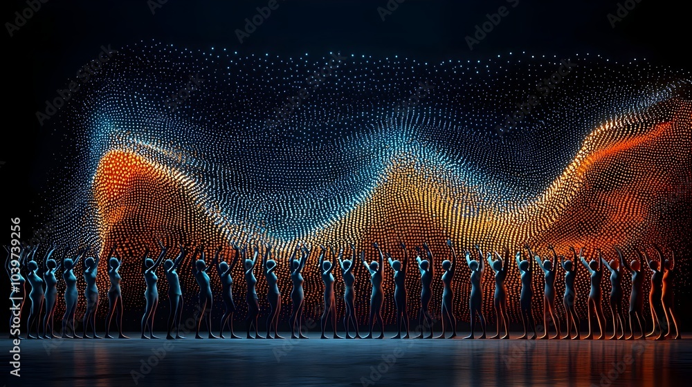 Aufkleber Mesmerizing silhouettes of people dancing at a concert their movements traced by dynamic glow mesh lines that follow their rhythmic motion creating a captivating and futuristic visual display