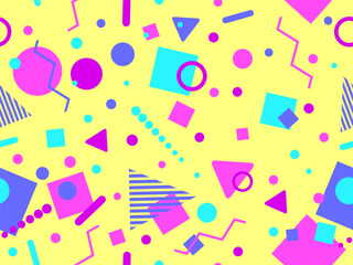 Geometric seamless pattern with memphis elements in 80s style. Colorful geometric pattern. Design of promotional products, wrapping paper and printing. Vector illustration