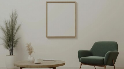 Green armchair living room decor, paired with a modern coffee table and a clean, minimalist mockup frame on the wall