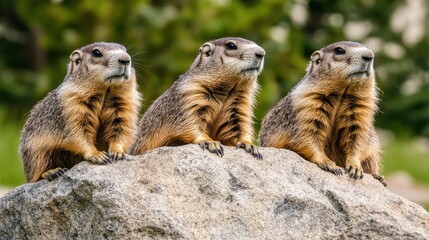 Fototapeta premium Marmots: Three Rodents Sitting on a Rock with Fur in Wildlife Background
