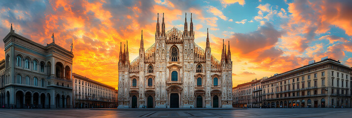 Naklejka premium A Stunning View of Milan's Duomo Cathedral Against a Vibrant Sunset Sky, Surrounded by Historic Architecture in the City's Square
