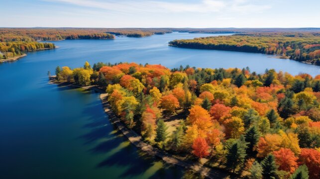 An expansive aerial view of a serene lake, surrounded by vibrant autumn foliage under a clear blue sky, capturing nature's colorful tranquility.