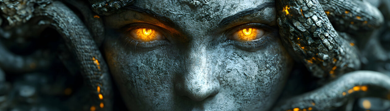 Closeup of a Gorgon's Face with Glowing Eyes and Snake Hair