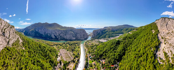 Aerial panoramic view of canyon of Cetina River in the Adriatic Coast, Omis, Croatia 