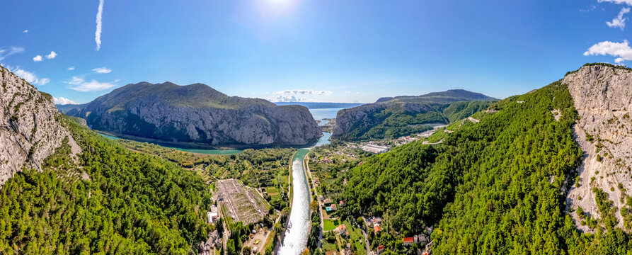 Aerial panoramic view of canyon of Cetina River in the Adriatic Coast, Omis, Croatia 