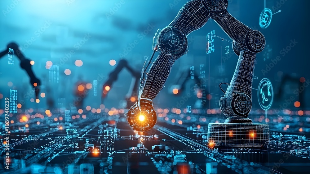 Poster robotic arms illuminated by glowing mesh lines working seamlessly in an advanced high tech automated