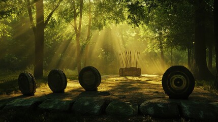 An archery range in a mystical forest with ancient stone circles, Archery equipment set amidst mysterious runes and twilight shadows, Druidic mystique style