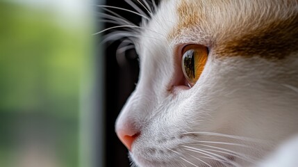  A cat's face, in focus, surrounded by a softly blurred backdrop of grass and trees