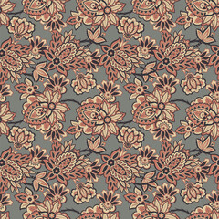 Madhubani, Kalamkari, Chinz, and Kani seamless pattern. Shirting fabric, Ajrakh and Ikat styles. Patola backdrop. Floral allover design