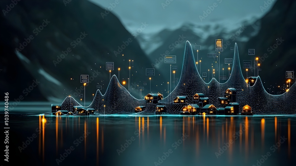 Leinwandbilder Serene lakeside landscape with a captivating digital mesh pattern of glowing undulating lines reflecting across the calm water s surface creating a mesmerizing and futuristic visual effect