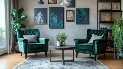 Living room interior with green armchairs, a stylish coffee table, and modern decor elements creating a cozy, contemporary space
