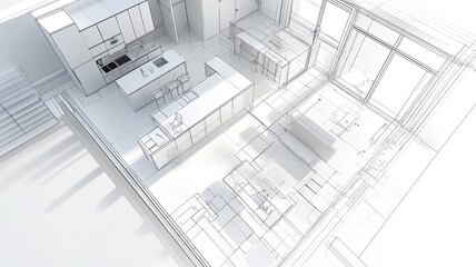 A minimalist architectural sketch of a modern kitchen and living area.