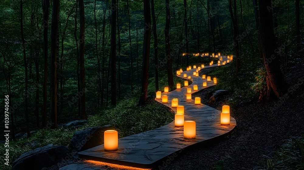 Poster serene and enchanting lantern lit hiking trail winding through a mysterious and atmospheric forest s