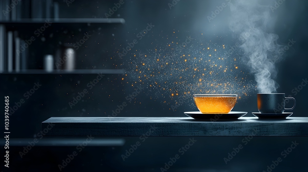 Aufkleber Sleek and modern glowing mesh bookshelf showcasing illuminated books and a cozy cup of tea creating a warm and inviting atmosphere for relaxation and study