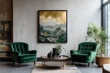 Living room with mockup frame on the wall, stylish green armchairs, and a coffee table, creating a clean, modern interior