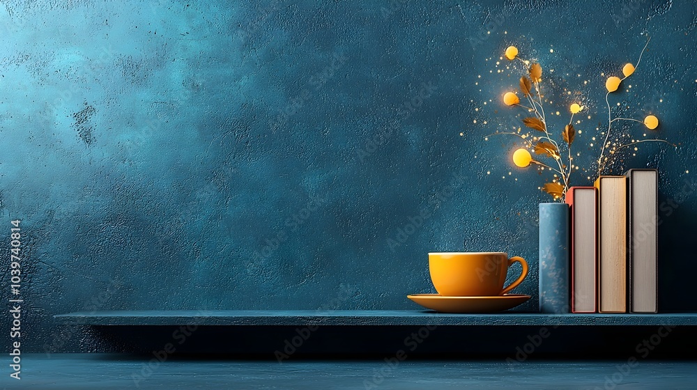 Poster Sleek and modern glowing mesh bookshelf with a cozy cup of tea showcasing the warm and inviting glow of illuminated books  A tranquil and workspace or home decor setup
