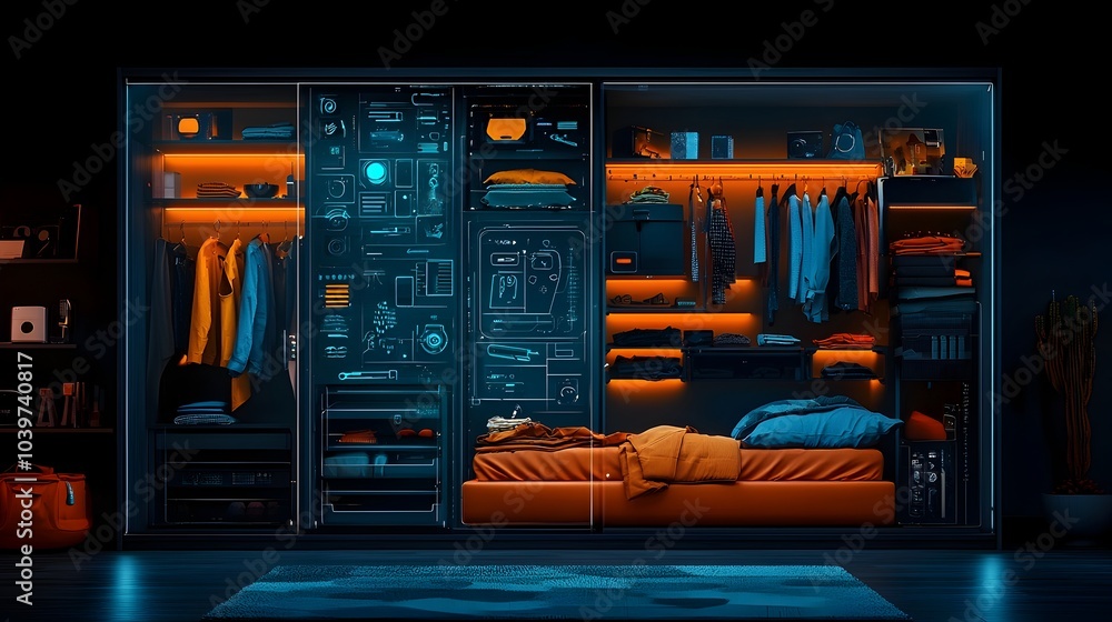 Poster Sleek and modern wardrobe showcasing a glowing mesh grid pattern that outlines the neatly folded clothes inside creating a futuristic and display in a minimalist interior design setting