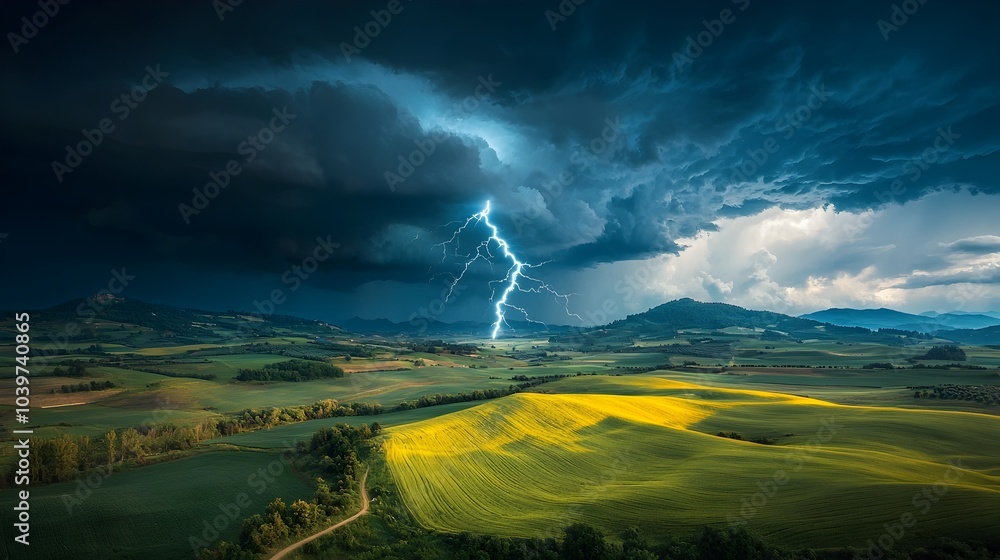 Aufkleber striking glowing mesh lightning bolts against a stormy sky and landscape in an abstract digital the 