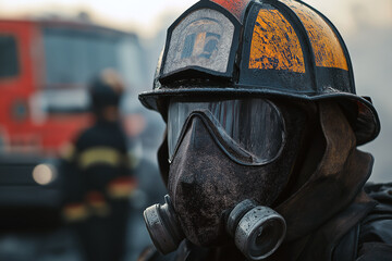 Fototapeta premium Close-up of a firefighter in helmet and oxygen mask covered in soot, firetruck blurred in the background.