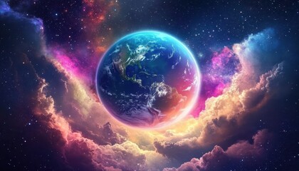 Obraz premium A planet where clouds wrap around the sky like a haze, and the earth sparkles with purple, green and yellow, revealing vast oceans with smooth waves and mountains that know no bounds