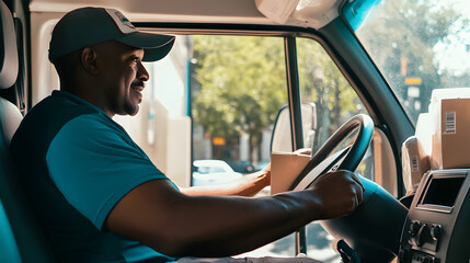 Smiling delivery driver steering a cargo van through a sunlit urban environment, showcasing logistics, transportation, and efficient parcel delivery services.