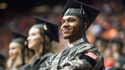 Military student at a college graduation ceremony, celebrating academic achievement while representing their service in the military