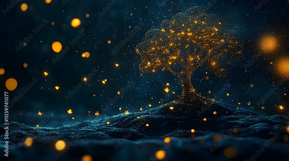 Poster stunning abstract digital art featuring a glowing mesh silhouette of a tree with blossoming flowers 