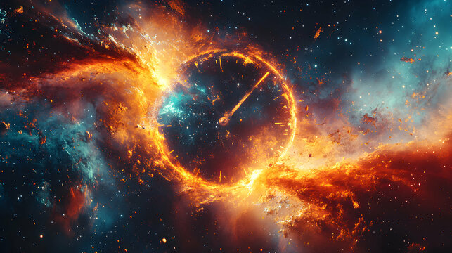 Cosmic Clock Face Burning In A Starry Galaxy, With A Fiery Trail And Nebulae