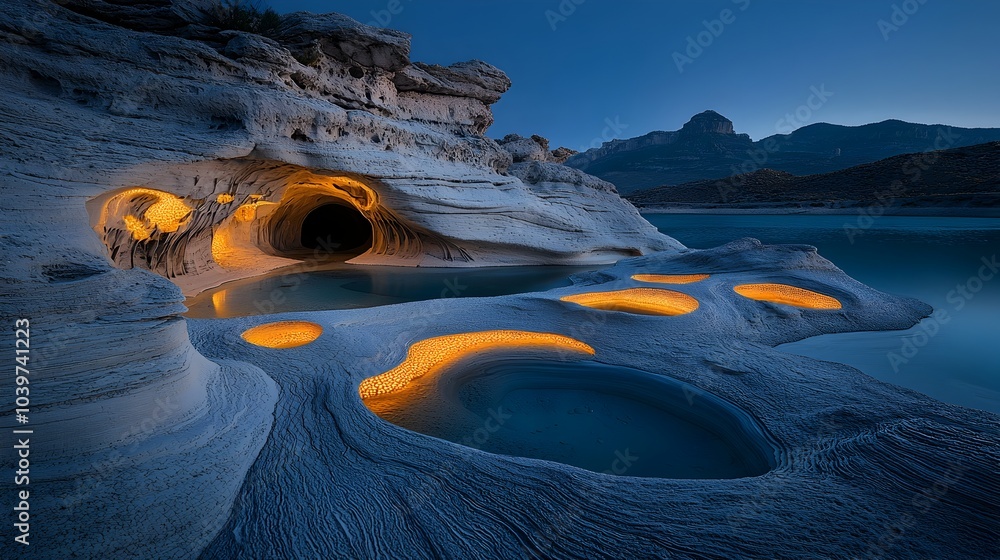 Poster Stunning digital artwork showcasing a canyon landscape with glowing mesh paths tracing the intricate geological layers and erosion patterns creating a captivating futuristic and minimalist aesthetic