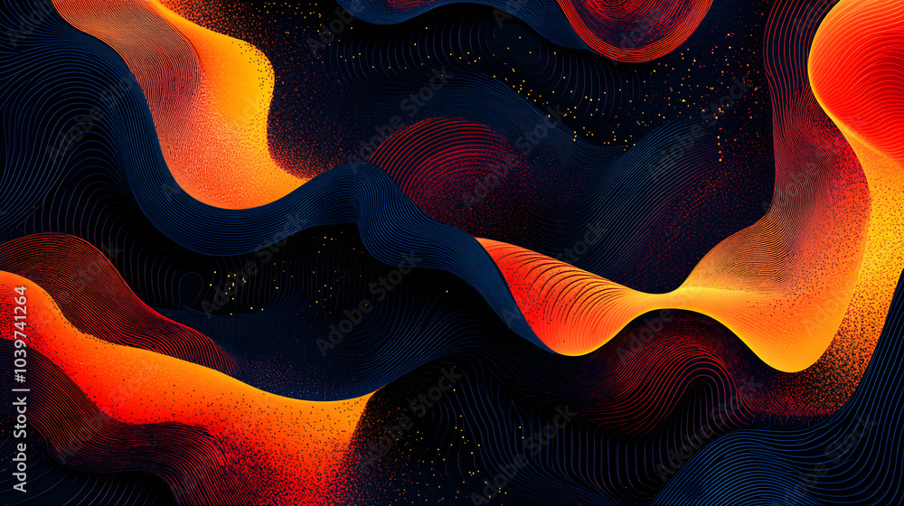 Poster abstract wavy lines with glowing orange and red texture on black background