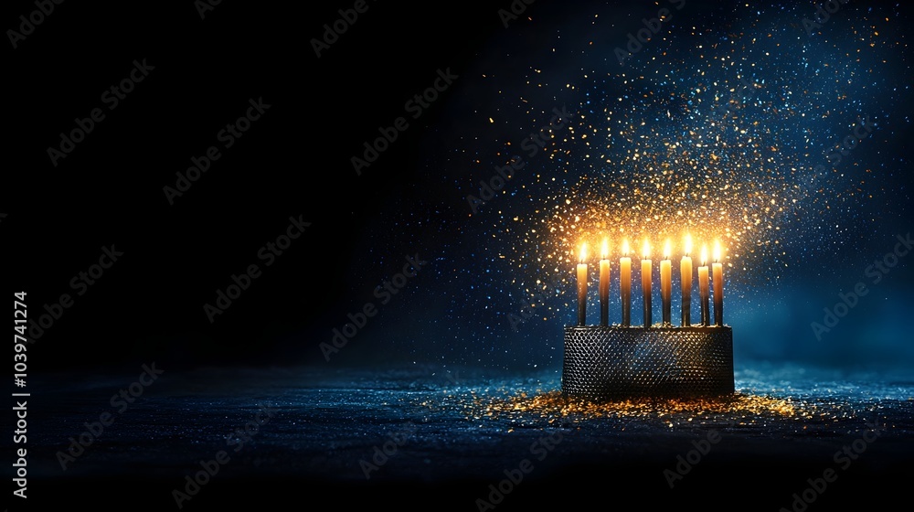 Poster Stunning digital rendering of a glowing mesh menorah with soft luminous outlines around each candle flame creating an elegant and contemplative atmosphere for Jewish holiday and traditions