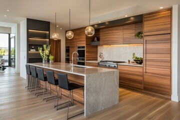 Minimalist kitchen with natural wood cabinets and open shelving, creating a modern, uncluttered space for cooking and dining