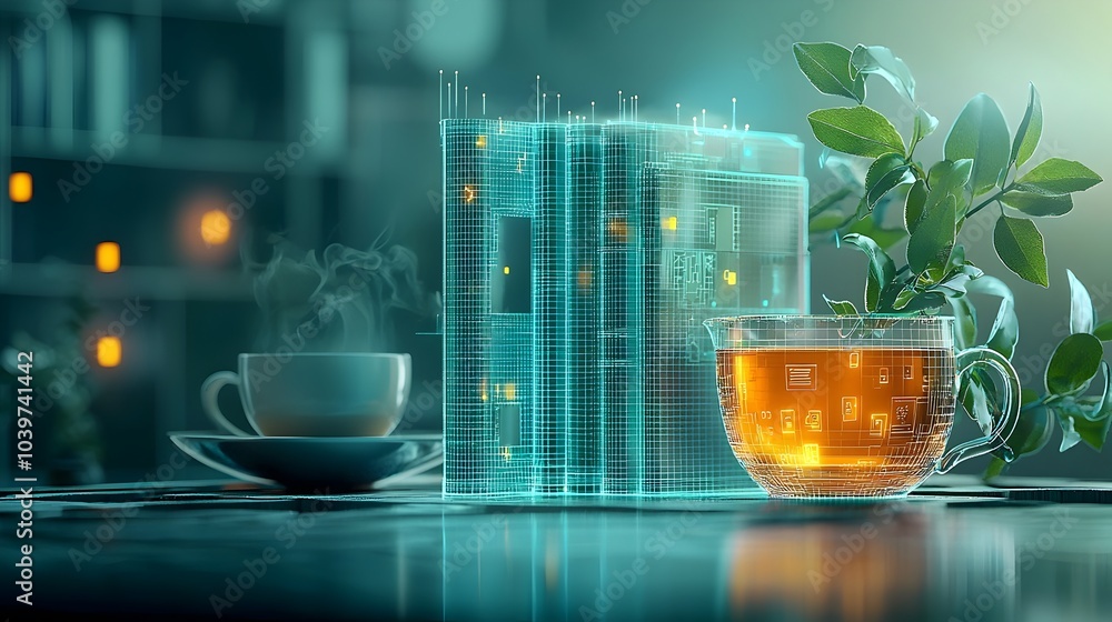Aufkleber Stylish glowing mesh bookshelf with a cozy arrangement of illuminated books and a soothing cup of tea creating a serene and inviting atmosphere for reading relaxation or productivity