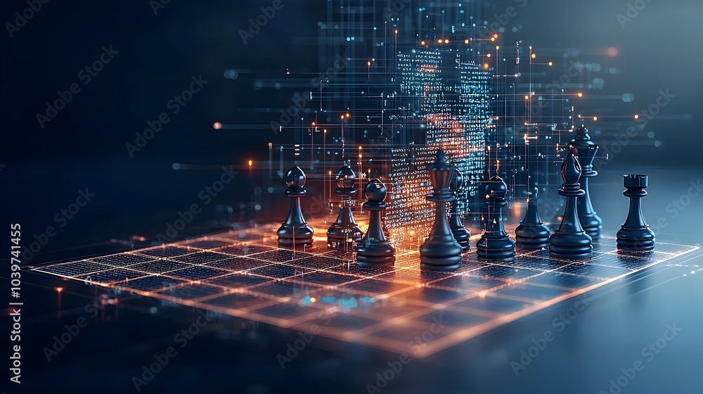 Poster stylized abstract chessboard with a glowing mesh surface and vividly illuminated neon colored chess 