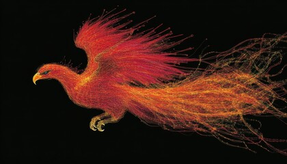 A phoenix in flight, its glowing wings of wire unfurling as it rises from the ashes in a moment of fiery rebirth