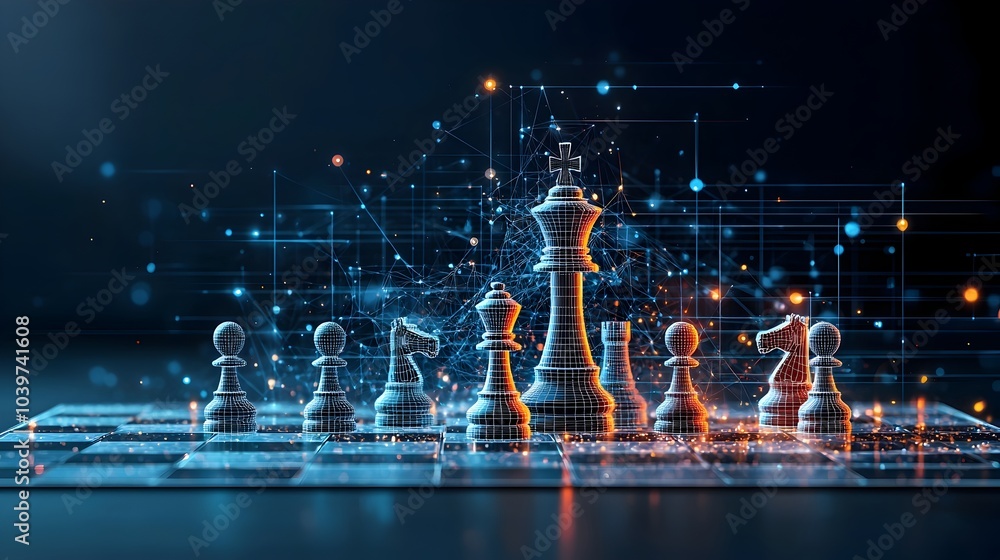 Poster stylized glowing mesh chessboard with chess pieces illuminated in neon vibrant colors creating a fut