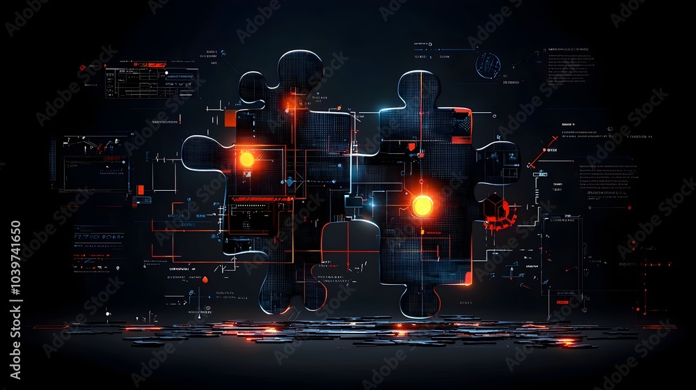 Poster stylized glowing mesh puzzle pieces interlocking with vibrant colorful outlines futuristic 3d digita