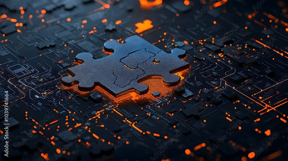 Fototapete stylized glowing mesh puzzle pieces interlocking with vibrant outlines creating a captivating and fu
